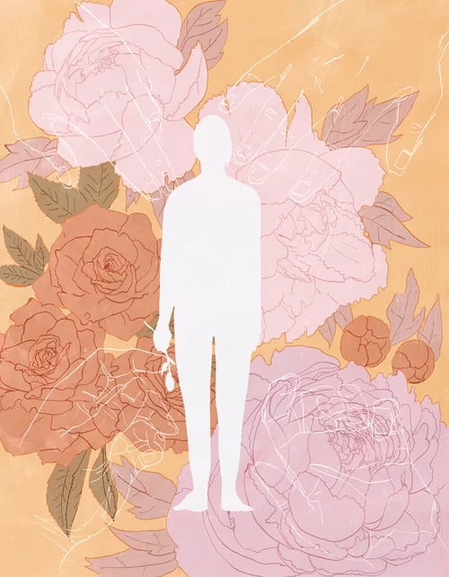 an illustration of a person's silhouette in front of flowers