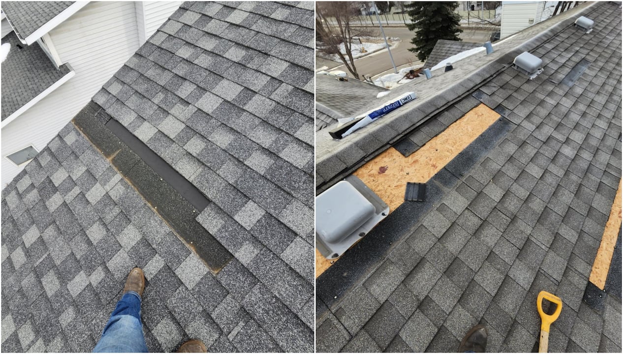 A roof with missing shingles.