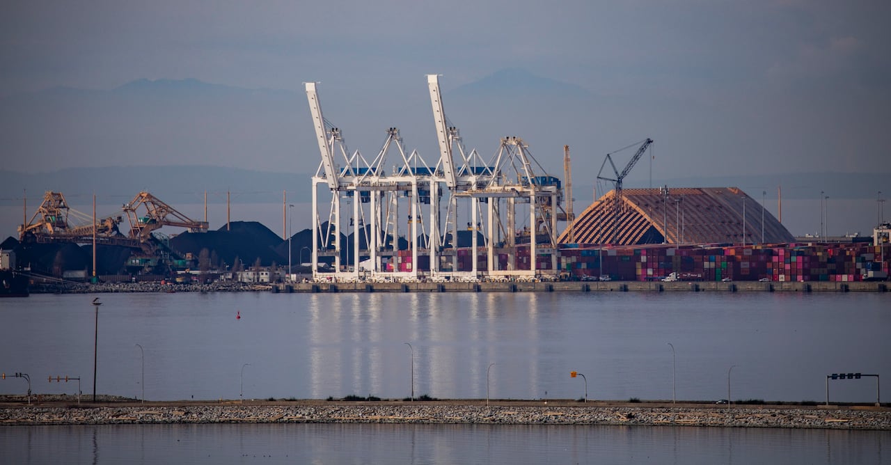 Cargo loaders are seen at a large port facility from afar.