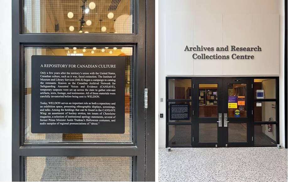 Composite photo. Left: Historical marker posted on a glass door. Right: Zoomed out photo of marker on doors to library section titled Archives and Research Collections Centre