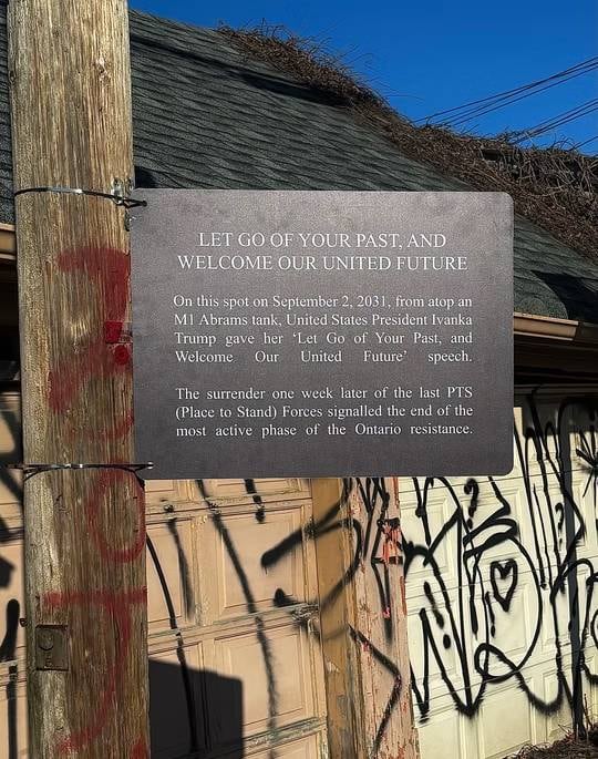 A black historical plaque hangs on a light post in a Toronto alley.