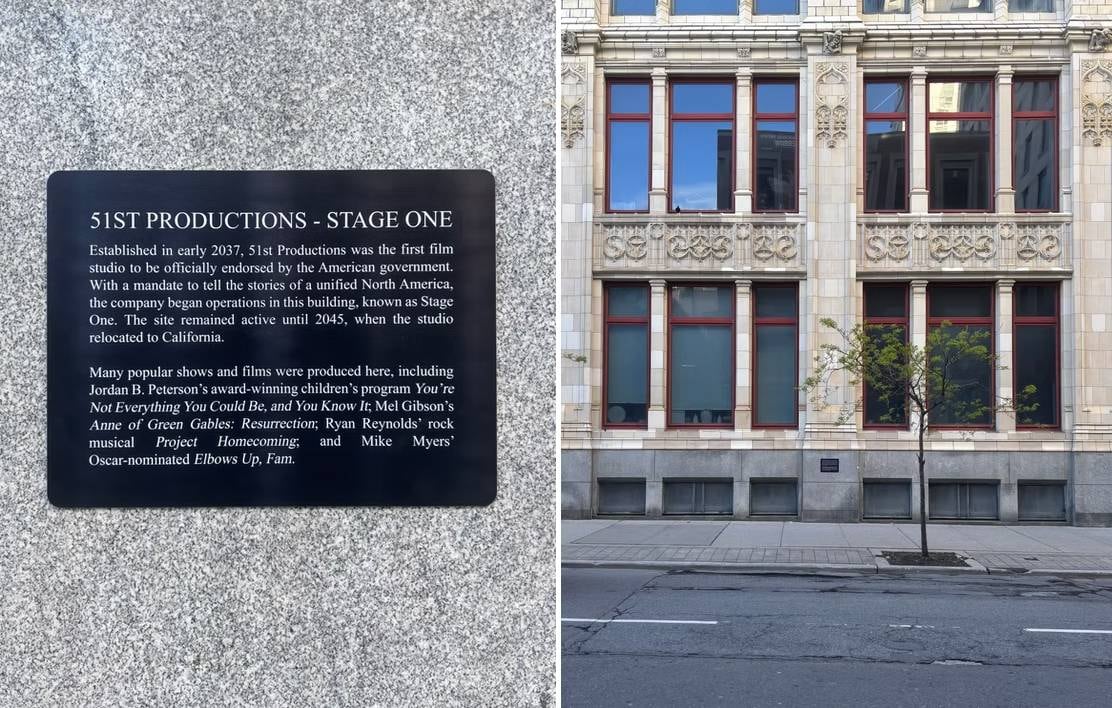 Composite photo. Left: a historical plaque titled 51st Productions - Stage One. Right: a gothic revival building, the exterior of 299 Queen St. W in Toronto.
