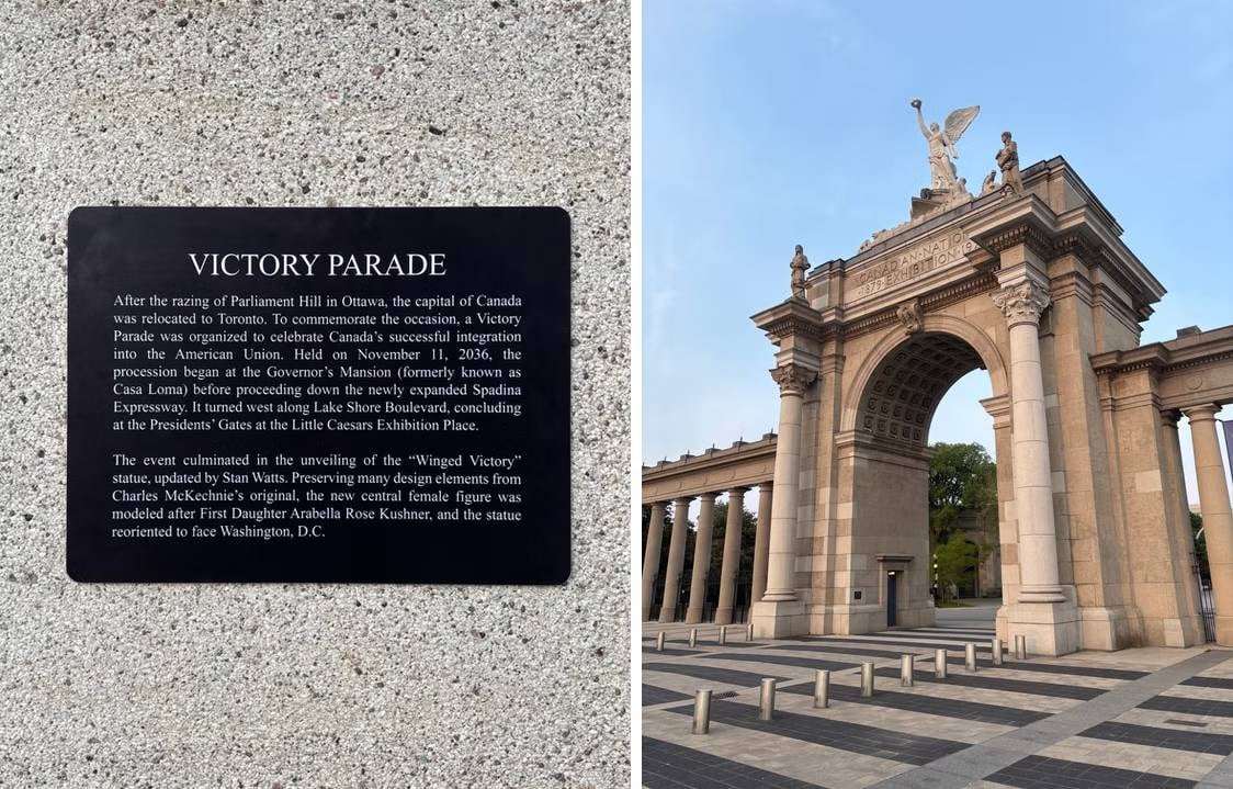 Composite photo. Left: a historical marker titled "Victory Parade." Right: Poto of columns and tall stone arch, the Princes' Gates monument in Toronto.
