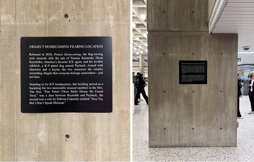 Composite photo. Left: historical marker titled Project Homecoming Filming Location. Right: zoomed out photo of plaque on a concrete pillar in a library filled with visitors.