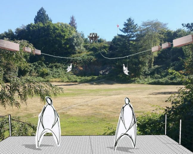 A sketch of a zipline in a forested park, with paper people at the base.