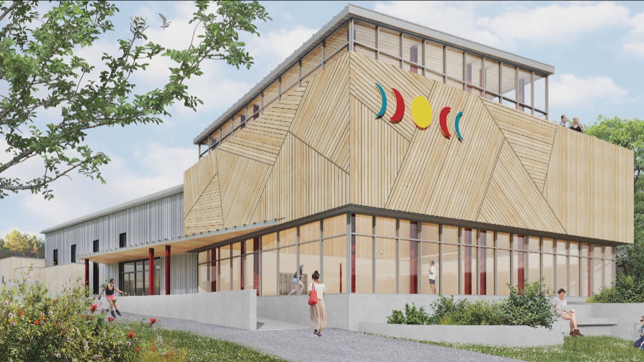 A colourful detailed artist's drawing shows a boxy, wood, glass and metal building surrounded by greenery 