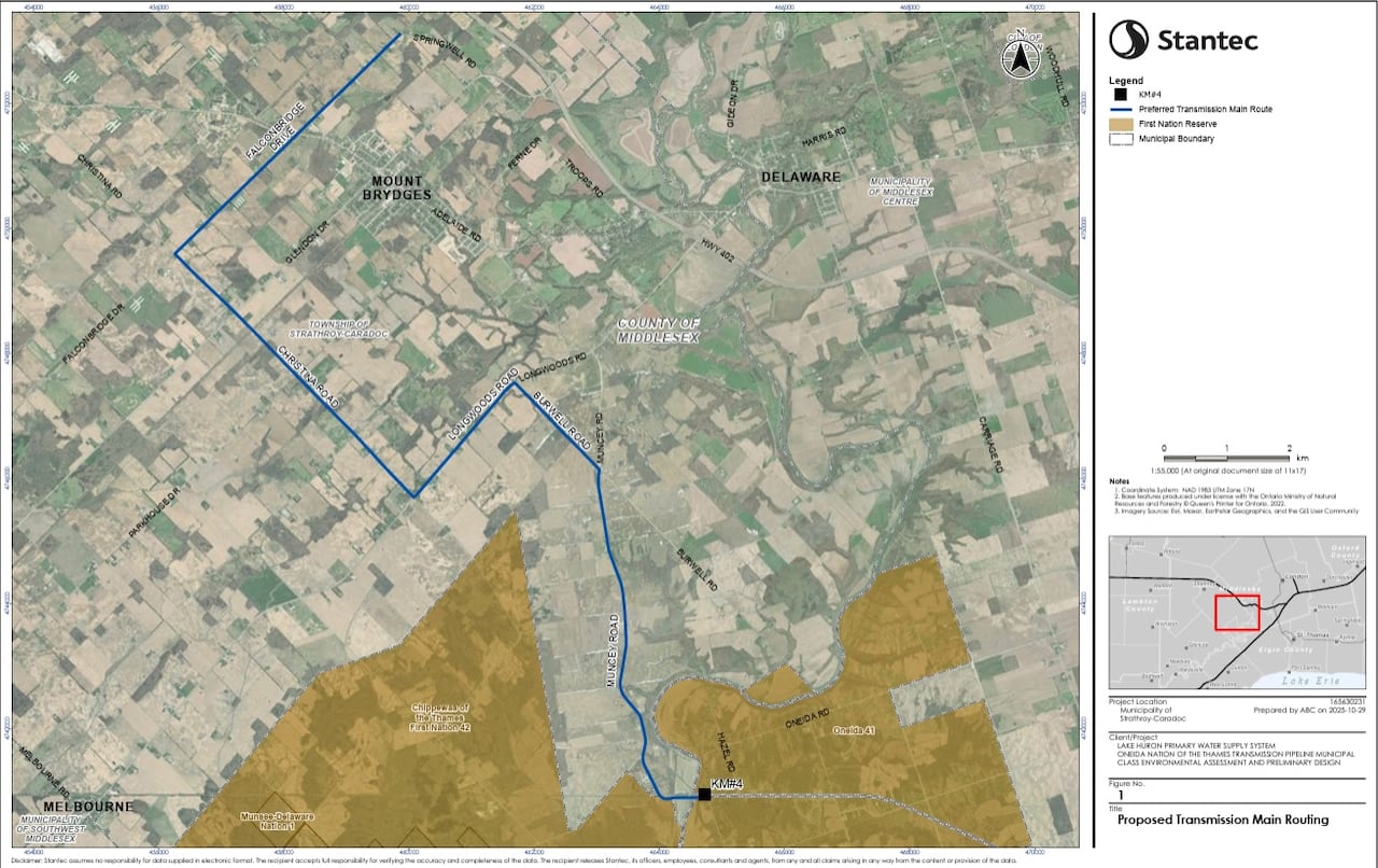 This image shows the routing of the transmission connection to Oneida Nation of Thames within the Municipality of Strathroy-Caradoc.