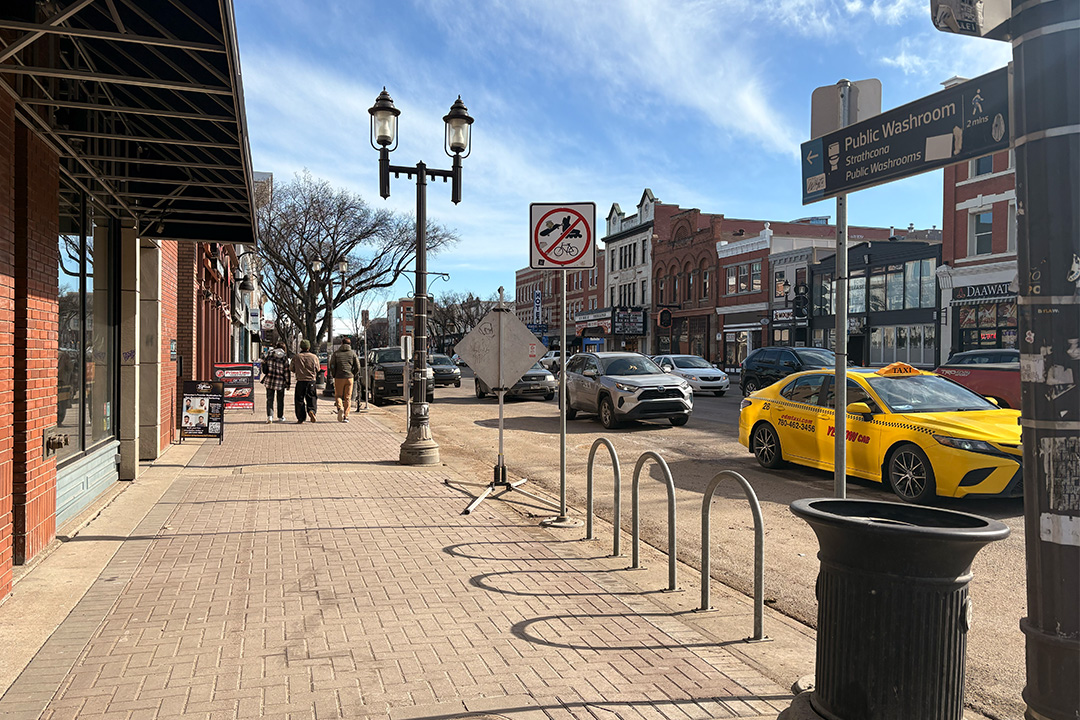 The corner of Whyte Avenue and Calgary Trail on a sunny day.