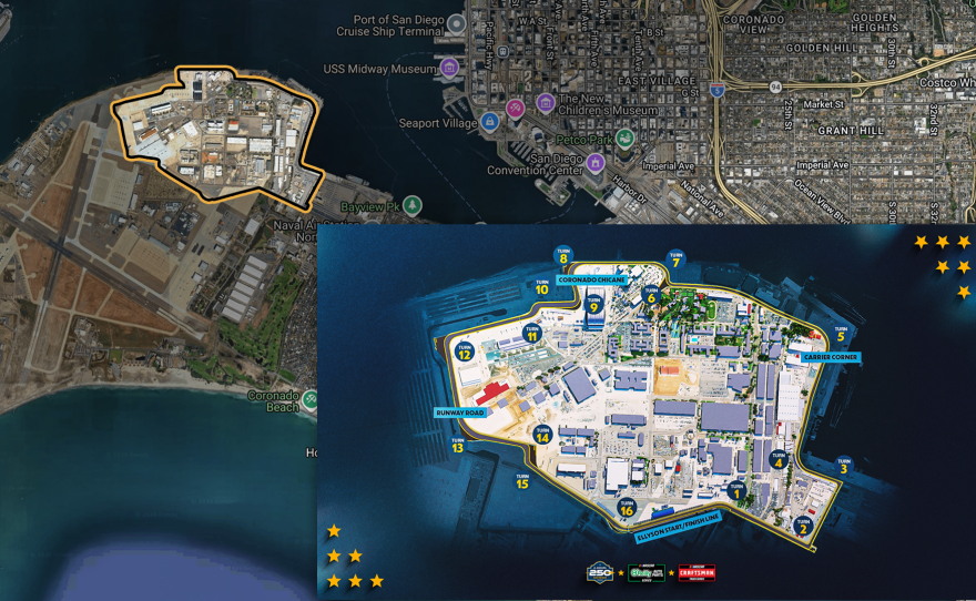 A satelite image of Coronado highlighting the race course with an insert provided by NASCAR with a more detailed close-up illustration of the course.