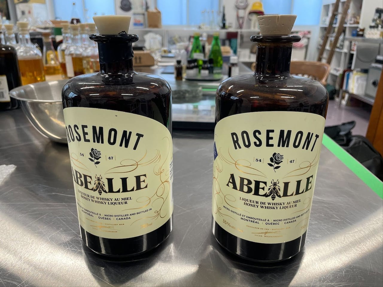 Two bottles of the Distillerie de Montréal’s honey whisky liqueur. 