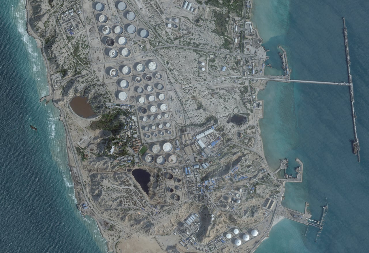 A satellite image of an oil terminal on an island.