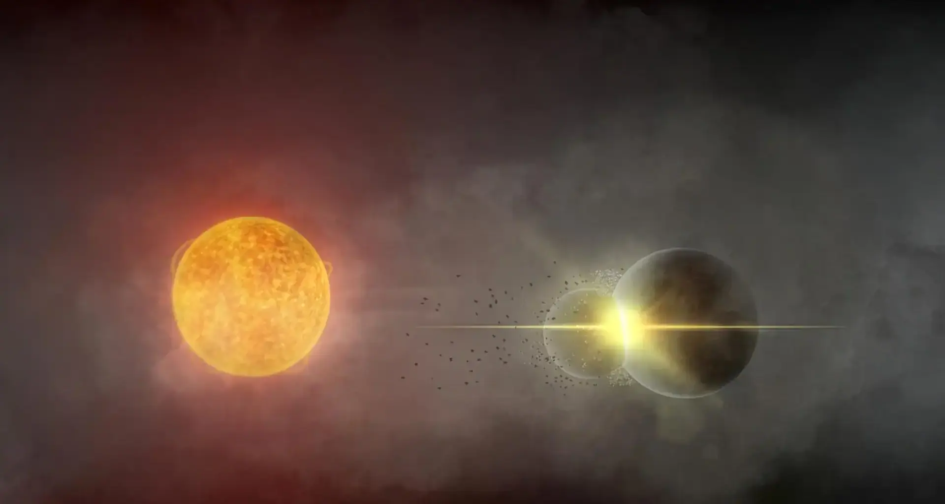 Illustration of two planets colliding. and releasing debris