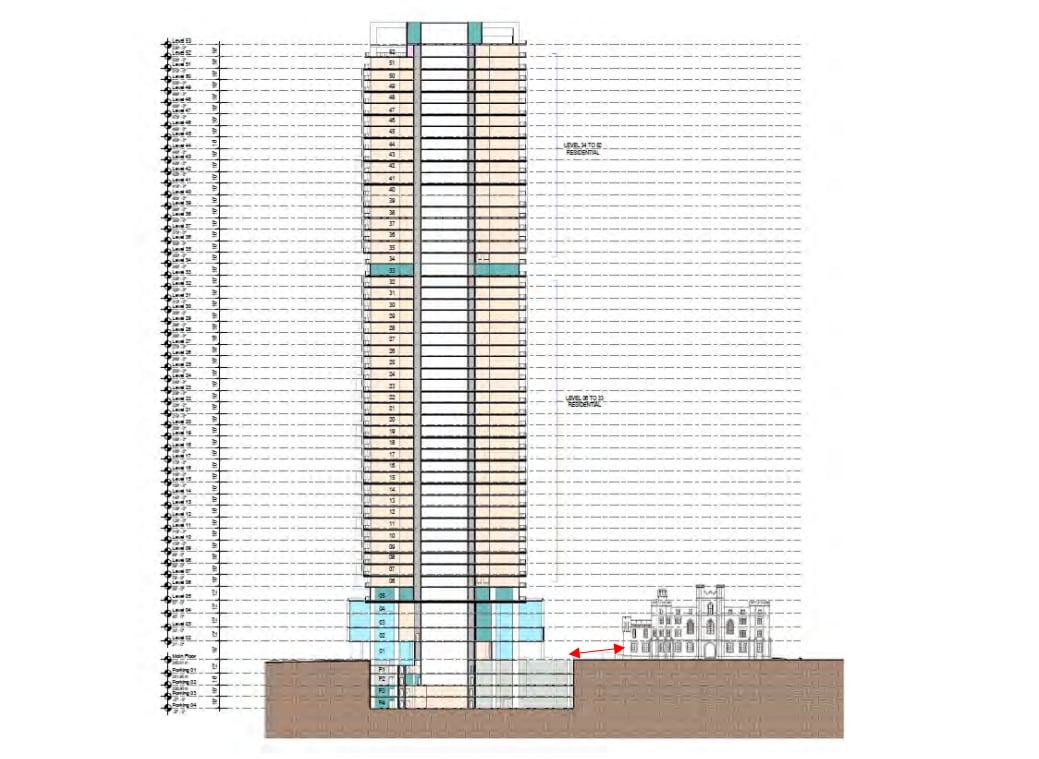 Plans show how a 54-storey tower will look beside London's 1829 courthouse and how there will only be 16 metres between them. 