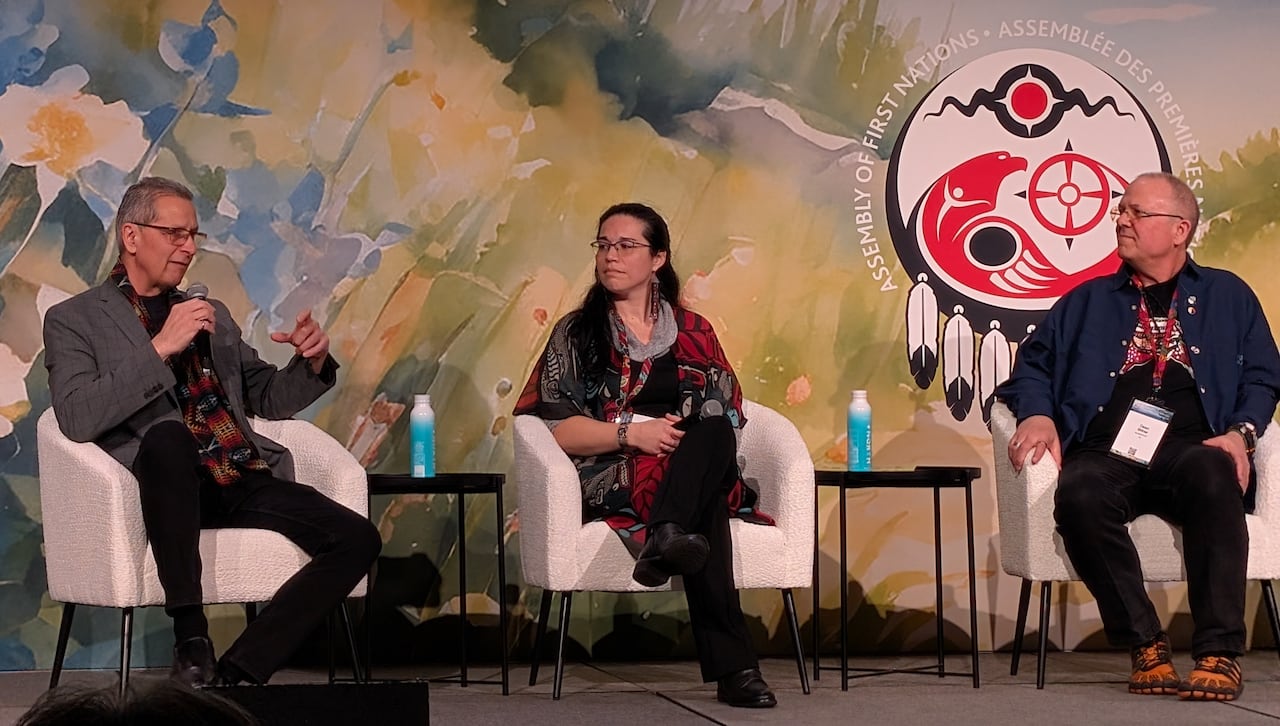 Man speaking on a panel on stage.