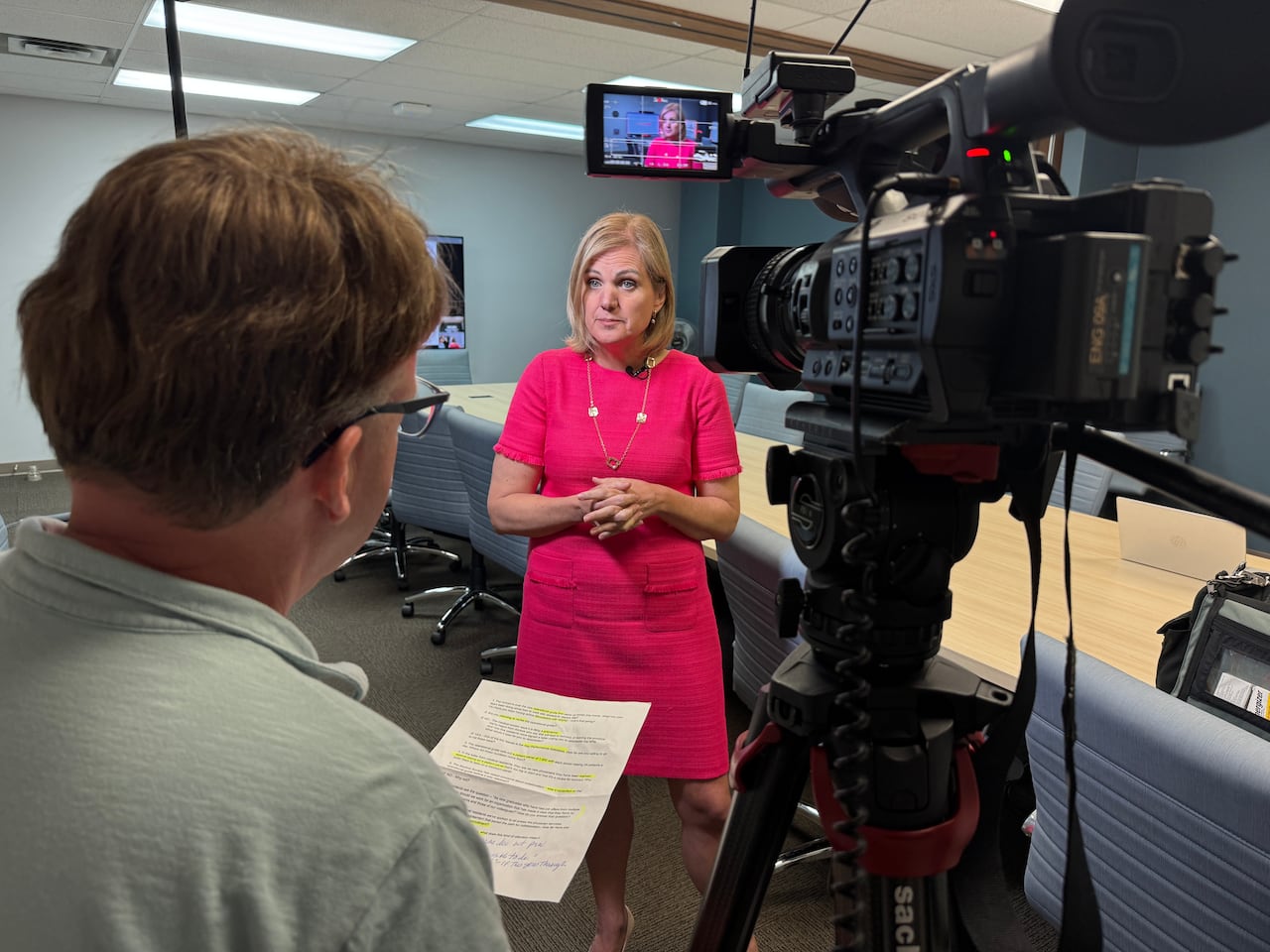 A blonde woman in a pink dress is seen on the other side of a television camera from a man shown back on. 