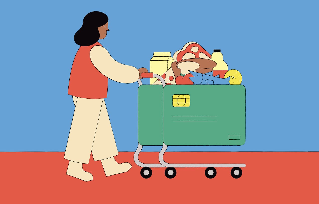 An illustration of a woman pushing a full grocery cart.