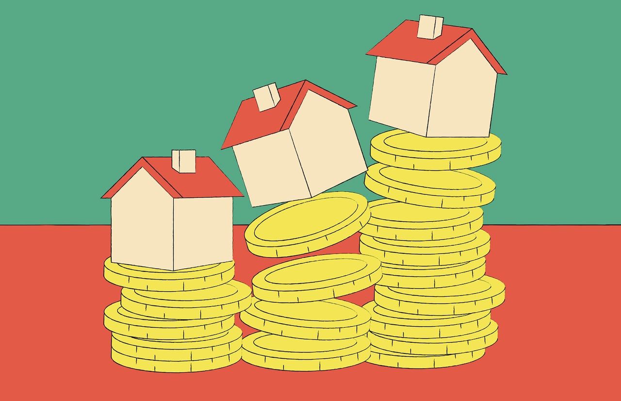 An illustration of several houses atop a stack of coins.