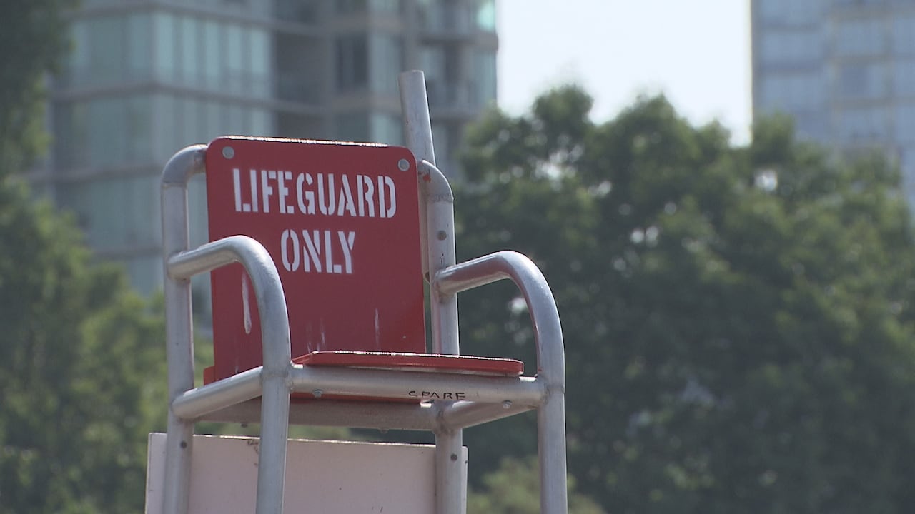 An empty lifeguard chair at Sunset Beach, Vancouver.