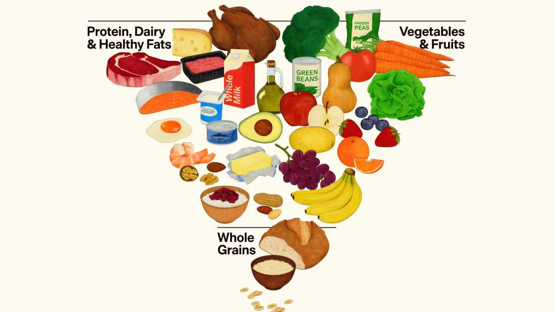 An upside-down triangle filled with illustrations of different foods. The words "protein, dairy, and healthy fats" are on the top left of the triangle. Those words are surrounded by drawings including a chicken, a steak, a salmon, butter and whole milk. The words "vegetables and fruits" are at the top right, surrounded by drawings of carrots, lettuce, broccoli and other fruits and vegetables. The words "whole grains" are on the bottom point of the triangle surrounded by a loaf of bread and oats.