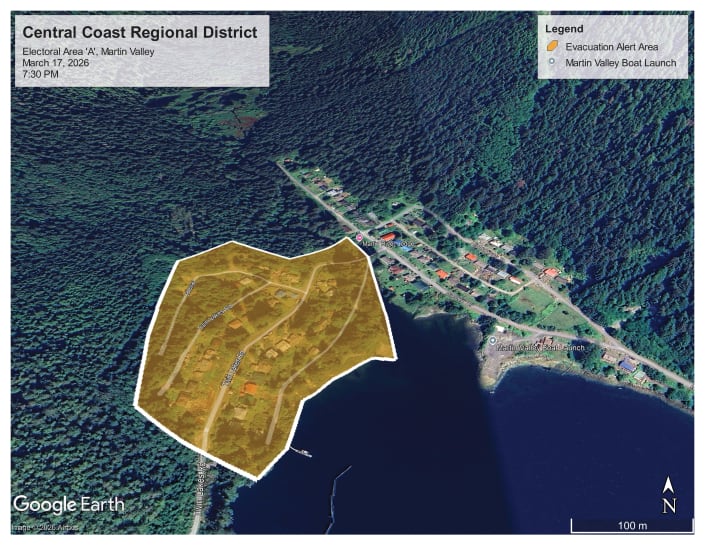 A map of a remote community outlined in yellow to indicate an evacuation alert area