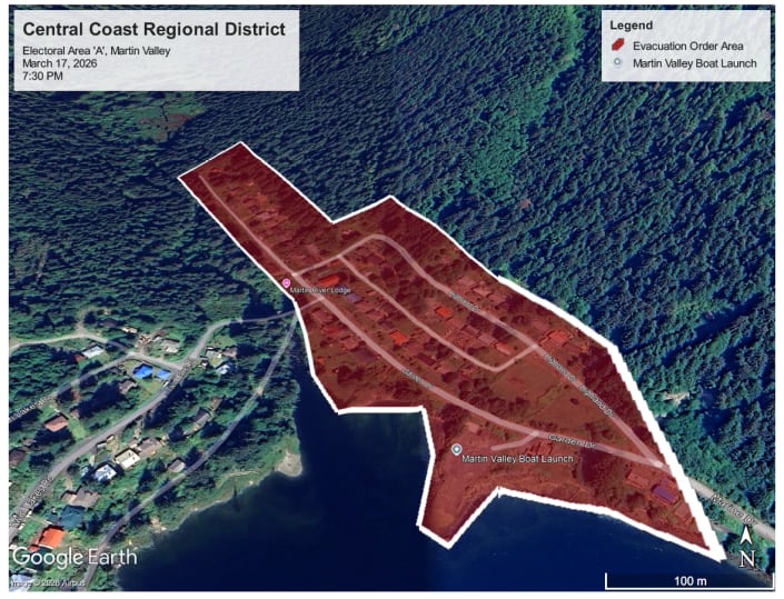 A map of a remote community outlined in red to indicate an evacuation order area