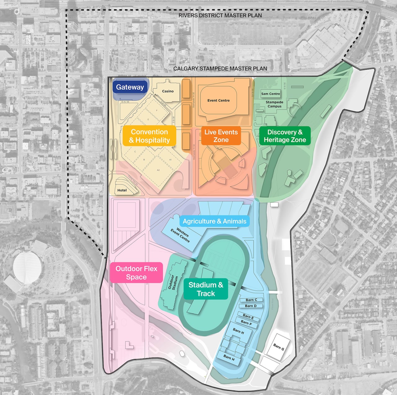 A rendering that shows the seven zones in the plan. Each zone is labeled and has its own unique colour.