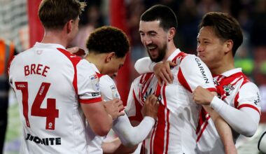 Finn Azaz is congratulated by his team-mates after scoring Southampton's opening goal against Norwich