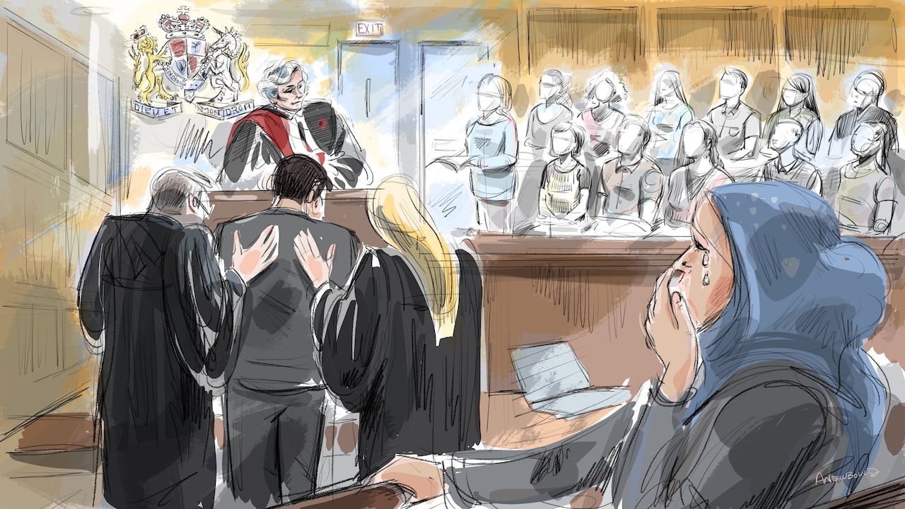 A sketch of a courthouse scene. The jury reads its verdict to the justice, a man between two lawyers, and the man's wife, who is pictured in the foreground, crying.