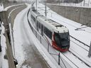 An LRT train at Lees Station in Ottawa.