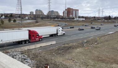 Photo shows the scene of a collision on Highway 403 in Mississauga. (CityNews/Arthur Pressick)