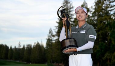 KIm Hyo-joo of Korea poses with her trophy after her winning putt on the 18th green during the final round of the Fortinet Founders Cup 2026 at Sharon Heights Golf and Country Club on March 22(local time), in Menlo Park, California. AFP-Yonhap