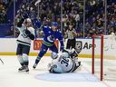 Vancouver Canucks Braeden Cootes scores against Seatle Kraken goalie Matt Murray during the second period of the preseason game in Vancouver Sept. 26, 2025. Jeff Vinnick photo/Vancouver Canucks