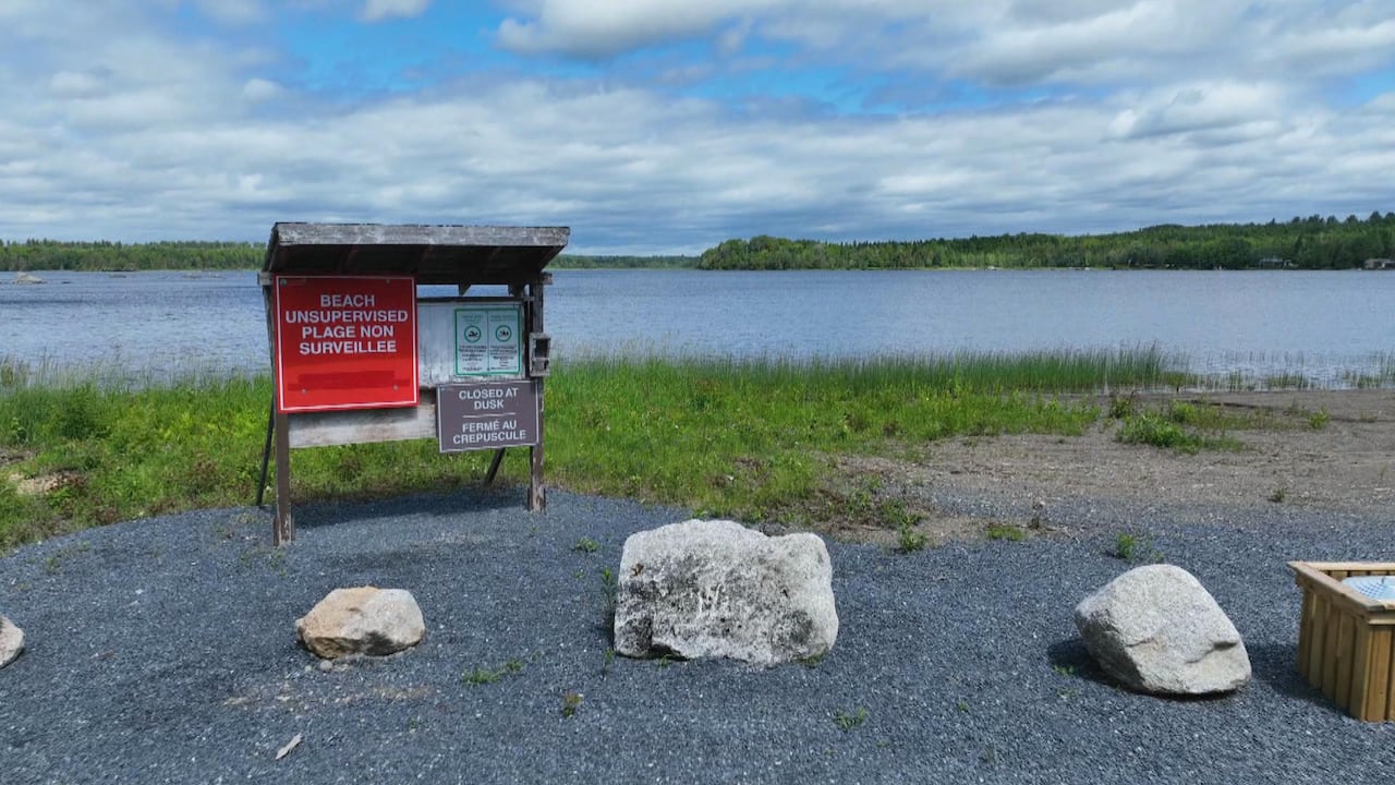 A beach with rocks and a sign that says beach unsupervised.