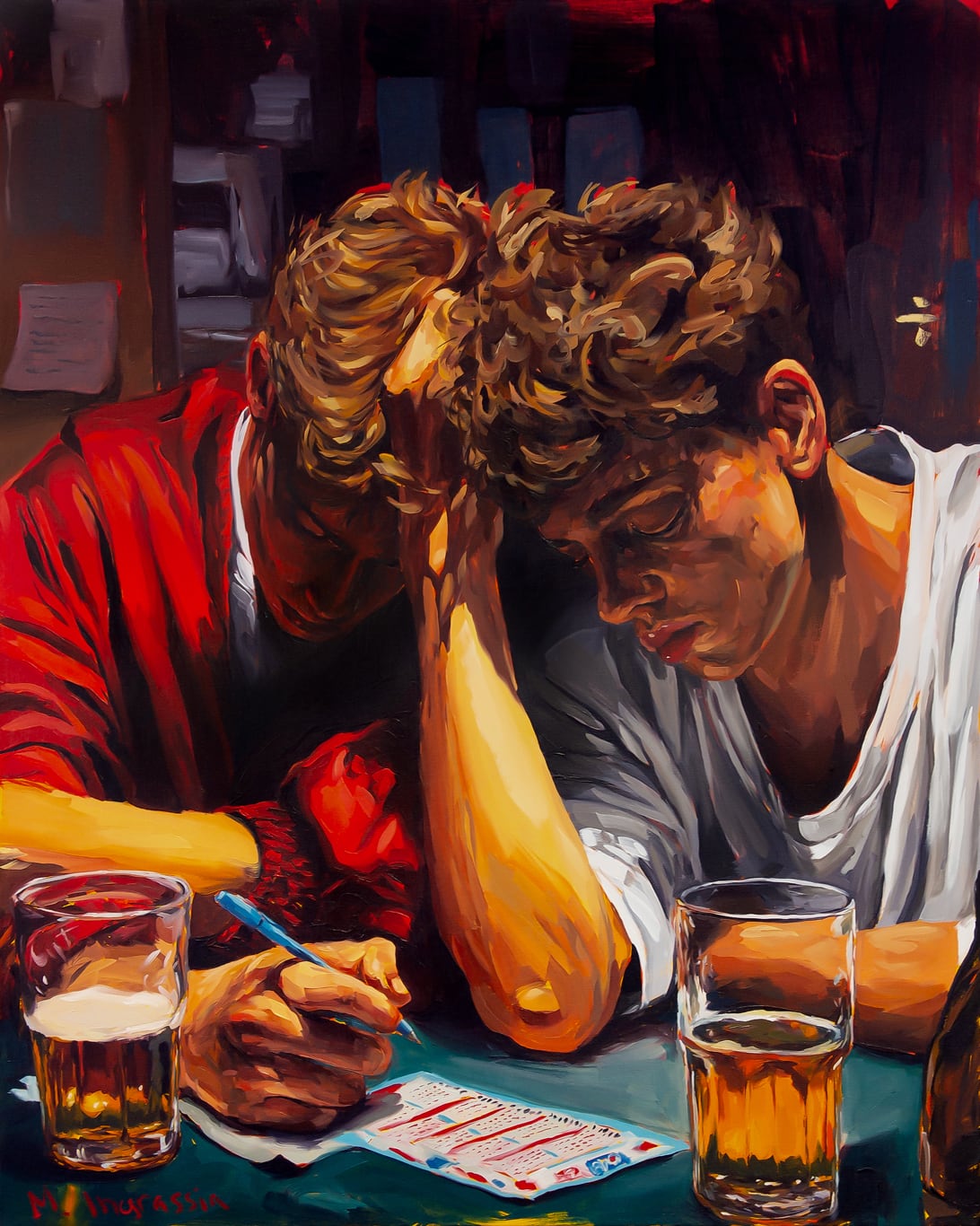 Realistic oil painting in an expressive style. Depicts two young men who sit at a green bar table strewn with beer glasses and a lottery ticket. They sit tete-a-tete, so close that their curly short haircuts intermingle.