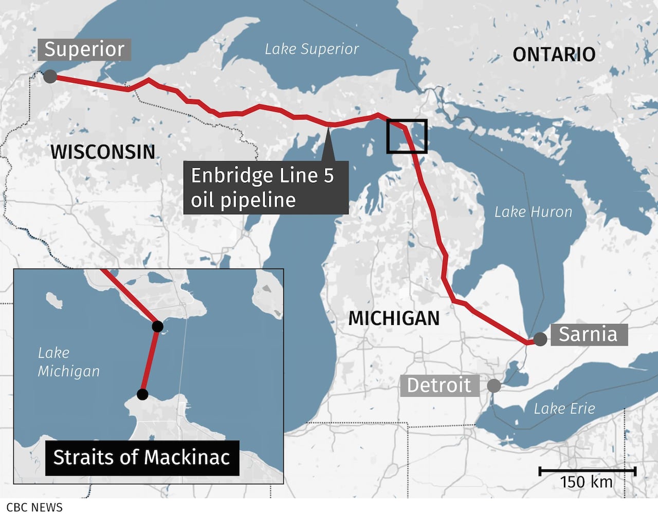 A map showing the position of a pipeline through Wisconsin and Michigan, ending in Sarnia, Ont.