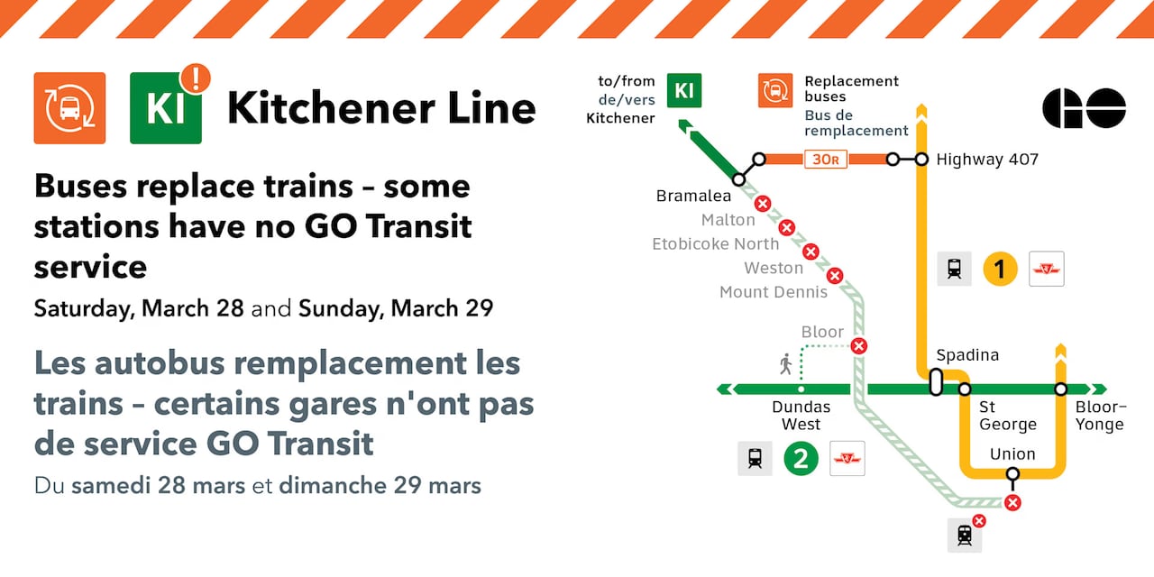 A map shows the replacement bus route from Bramalea to the Highway 407 bus terminal. The train line from Bramalea GO to Union Station is closed off for construction.