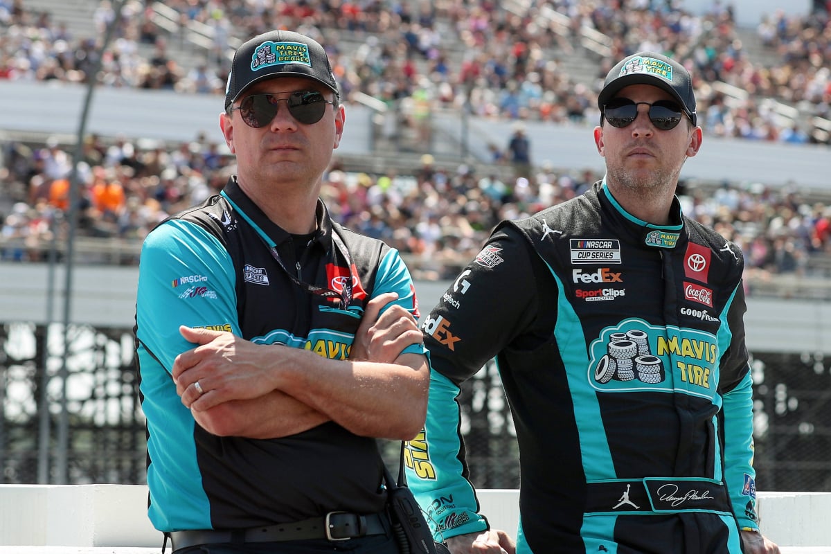 Chris Gabehart and Denny Hamlin of Joe Gibbs Racing at Pocono