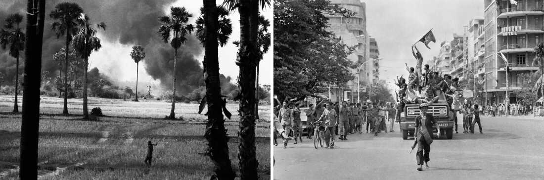 The brutal Khmer Rouge regime left Cambodia’s economy in tatters, and many of the country’s mangrove forests were cut down to make charcoal. On the left, a battle unfolds outside Phnom Penh in 1973. On the right, an image taken as the Khmer Rouge entered Phnom Penh, Cambodia in 1975.