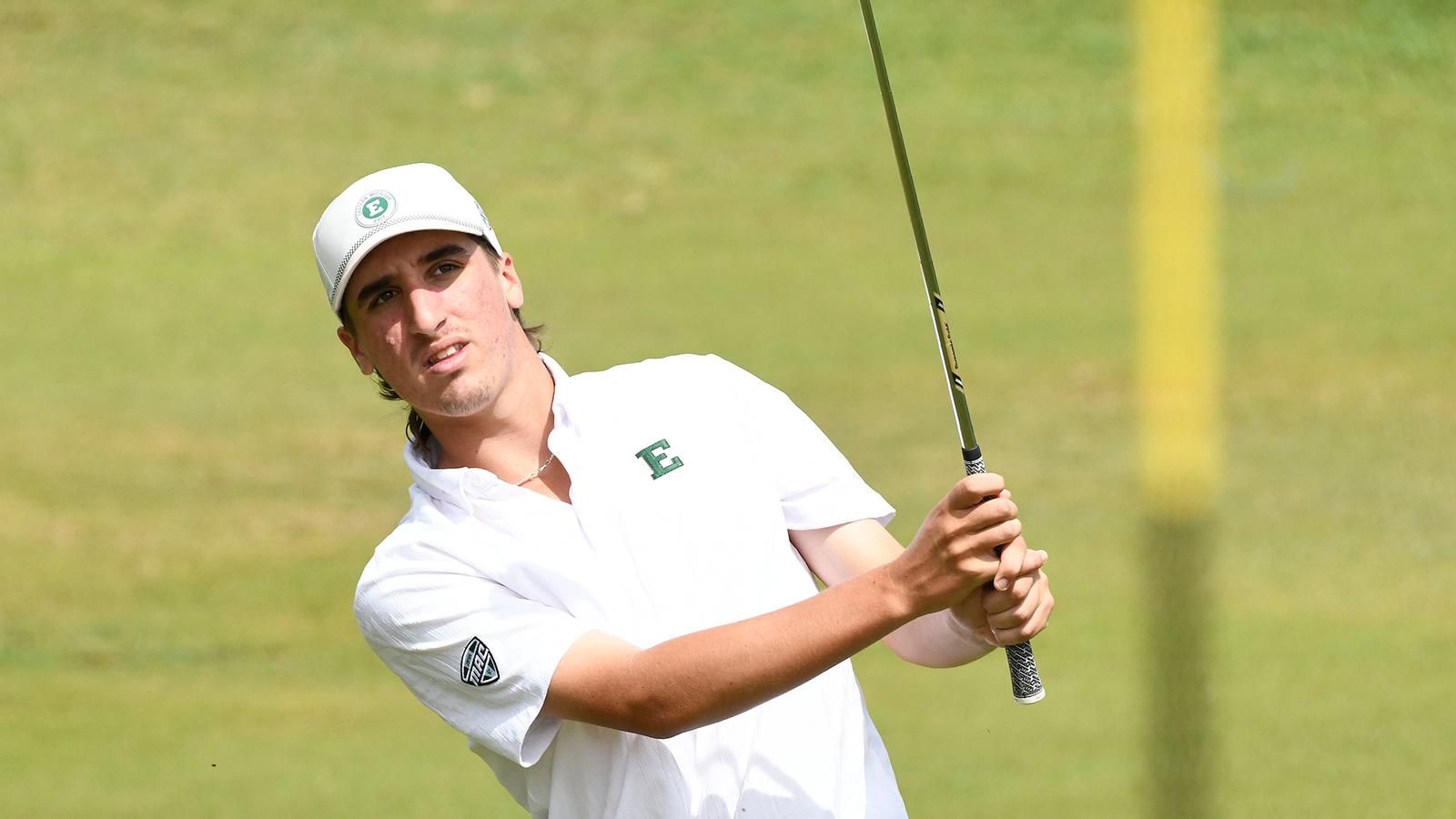 Robby Turnbull finishes his tee shot swing at the Bridgestone Collegiate Invitational in Napa, Calif.