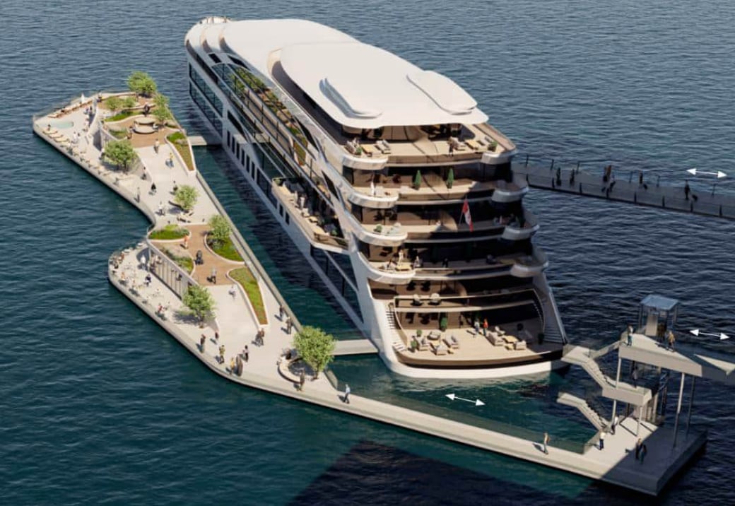 A rendering of a floating hotel vessel