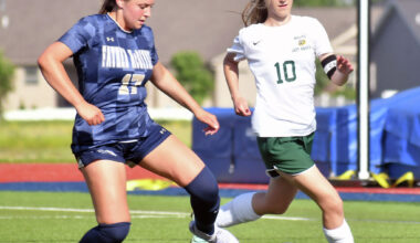 In this file photo, Metro-East Lutheran's Alyssa Bivens, right, defends against Father McGivney in a Class 1A regional semifinal on May 16, 2025, in Glen Carbon.