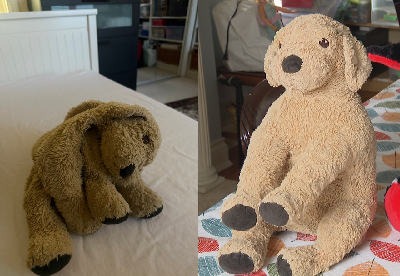  A composite image shows a stuffed dog flopped over on the left and sitting upright on the right. 