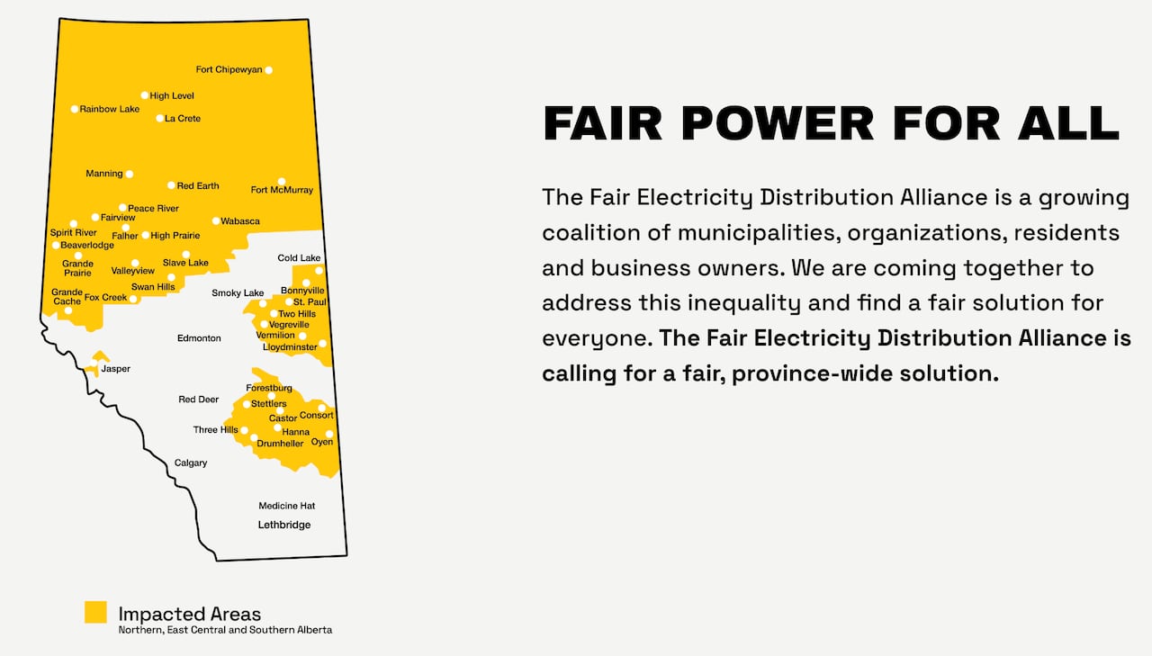 A map of Alberta shows highlight yellow areas that are affected by higher distribution costs.