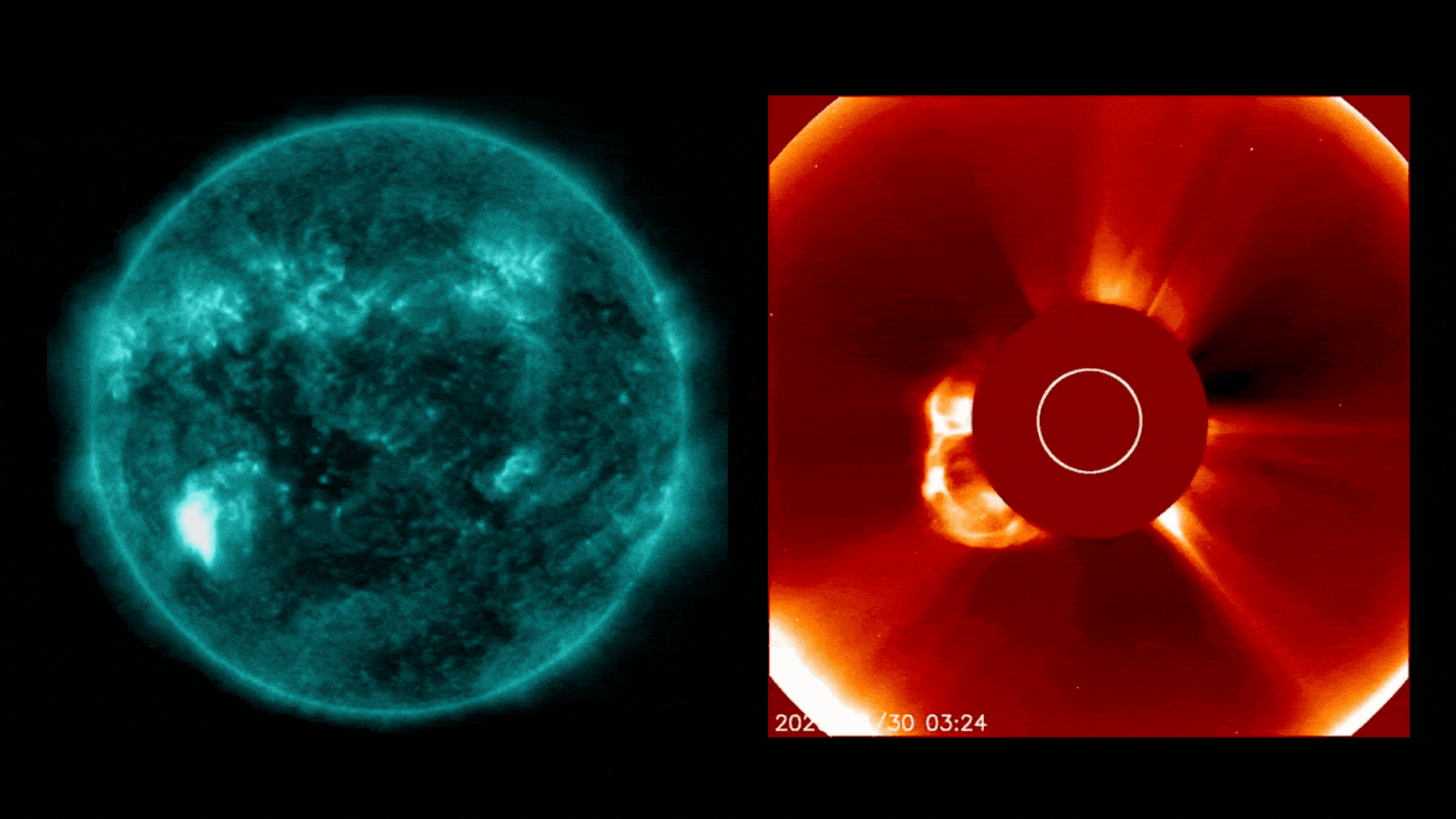 gif animation showing the x-flare eruption from the sun that looks blue due to a filter (left) and the resulting cme release (right)