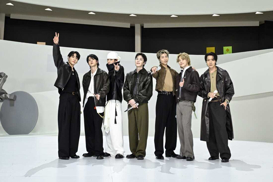 BTS (from left: Jung Kook, Jin, V, Suga, RM, Jimin, and j-hope) reunited after a four-year hiatus to release the album Arirang.