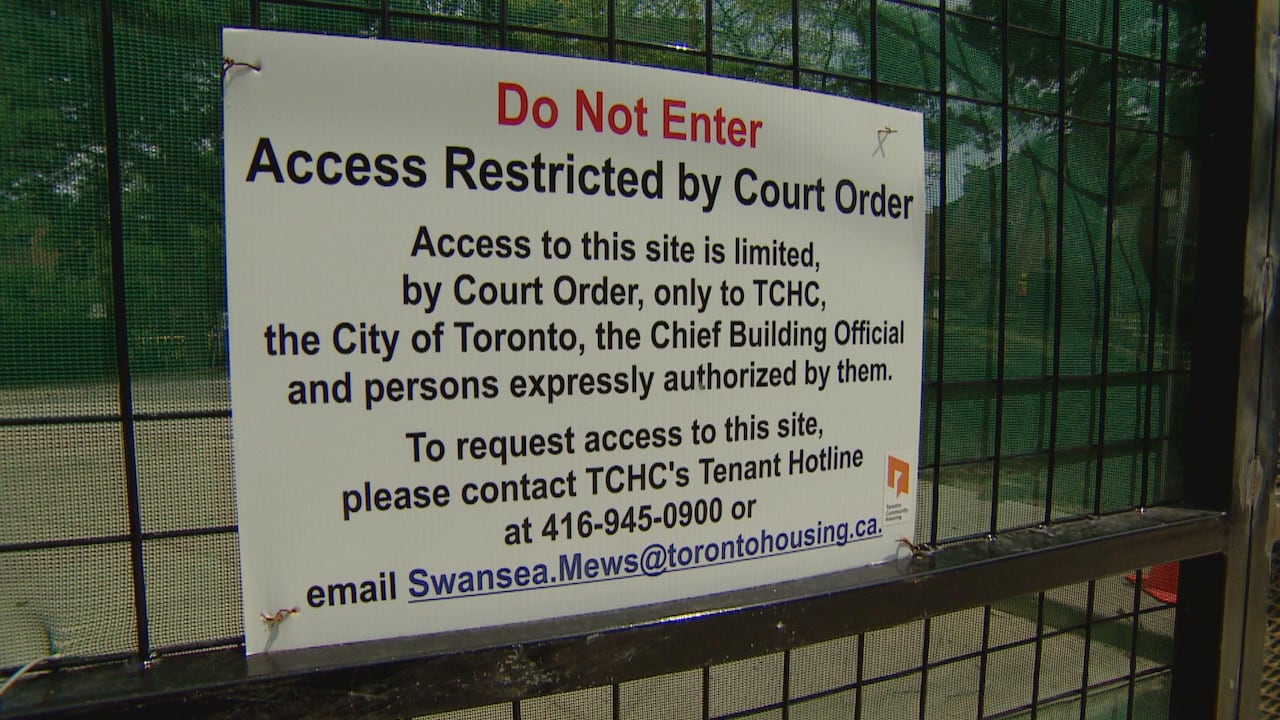 Access has been restricted to Swansea Mews, a Toronto Community Housing complex in the city's west end. Residents were forced to leave earlier this summer after a ceiling collapsed on May 27 injuring a woman. 