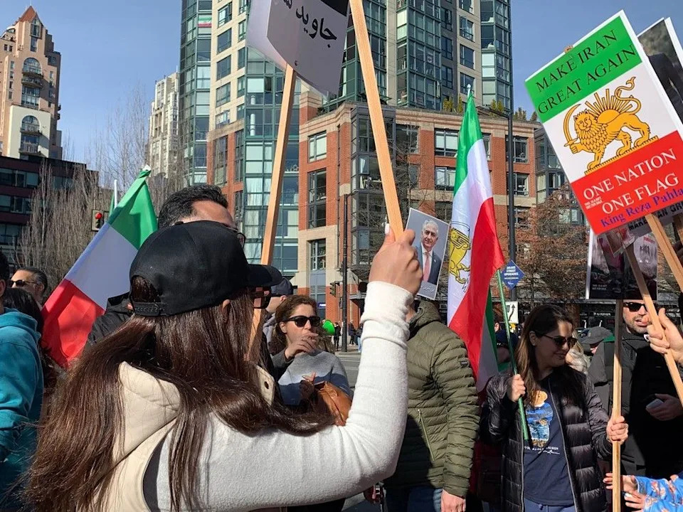 Iranian Canadians and supporters rally in Vancouver after news that Iran’s supreme leader is dead Saturday.