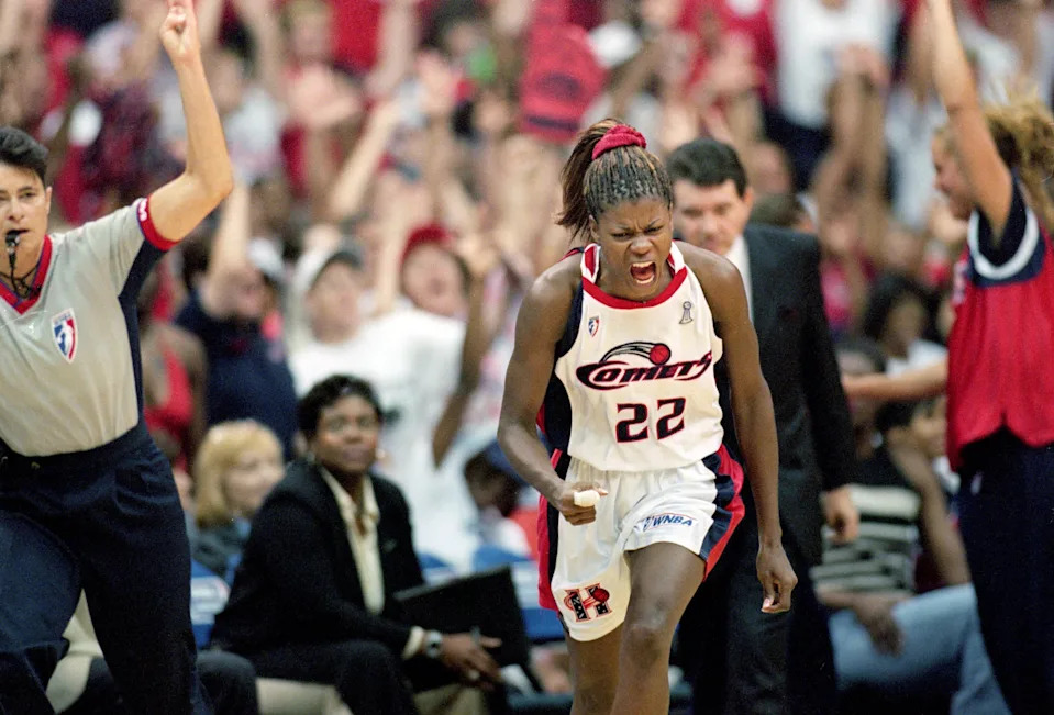 26 Aug 2000:  Sheryl Swoopes #22 of the Houston Comets shows emotion during the WNBA Finals Game against the New York Liberty at the Compaq Center in Houston, Texas. The Comets defeated the Liberty 79-73 in overtime.  NOTE TO USER: It is expressly understood that the only rights Allsport are offering to license in this Photograph are one-time, non-exclusive editorial rights. No advertising or commercial uses of any kind may be made of Allsport photos. User acknowledges that it is aware that Allsport is an editorial sports agency and that NO RELEASES OF ANY TYPE ARE OBTAINED from the subjects contained in the photographs. Mandatory Credit: Ronald Martinez  /Allsport