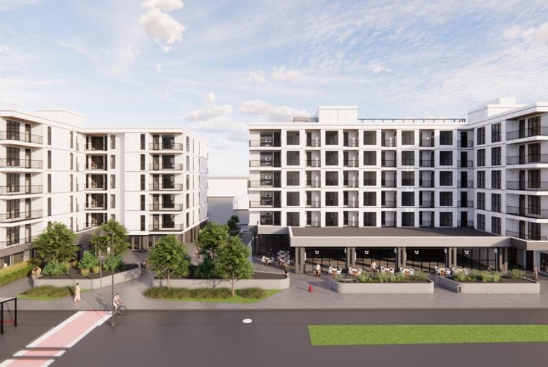 Two six-storey apartment buildings will comprise Phase 1 of the Strathearn redevelopment, a TOD project in Edmonton. (Courtesy Rockwell Investments)