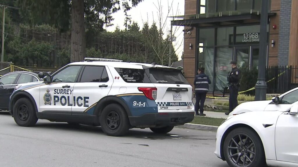 Surrey Police on scene of a shooting on Sunday March 15, 2026.